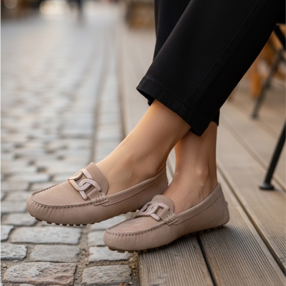 Piero Masetti Womens sz 8 Pink Tan Suede Chain Link Round Toe Shoes Loafers 38
